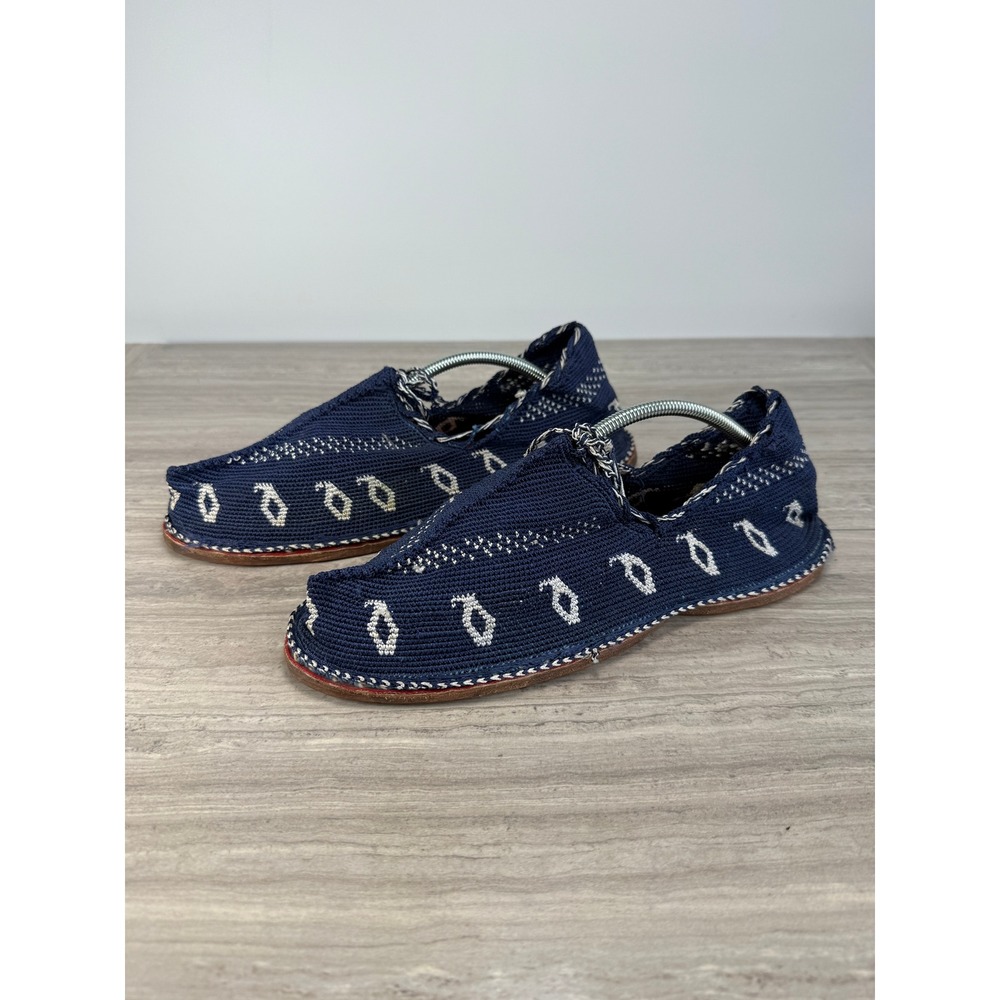 Handmade Kurdish Espadrilles Navy Blue Woven White Leather Slip-On Shoes Artisan